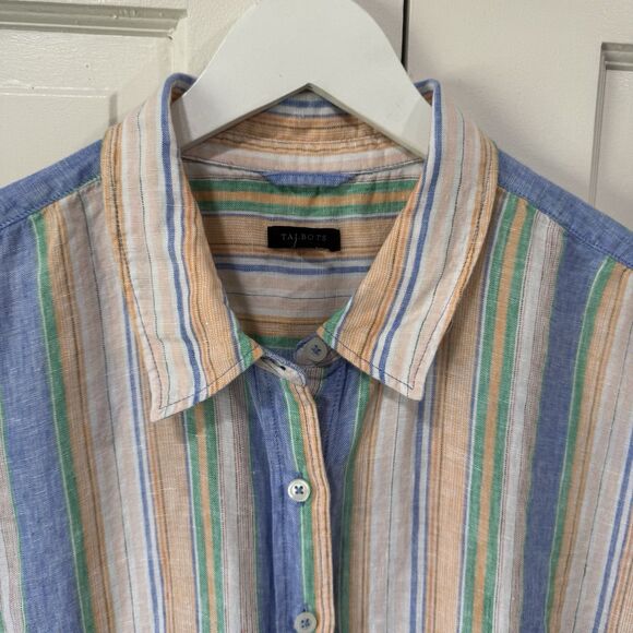 Talbots Linen Top XL Multicolored Stripe Tie Front Cap Sleeve Oversized Button - Picture 4 of 10